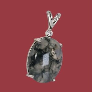 925 Sterling Silver Pendant 1.5x3 Cm with Natural Moss Agate Gemstone.